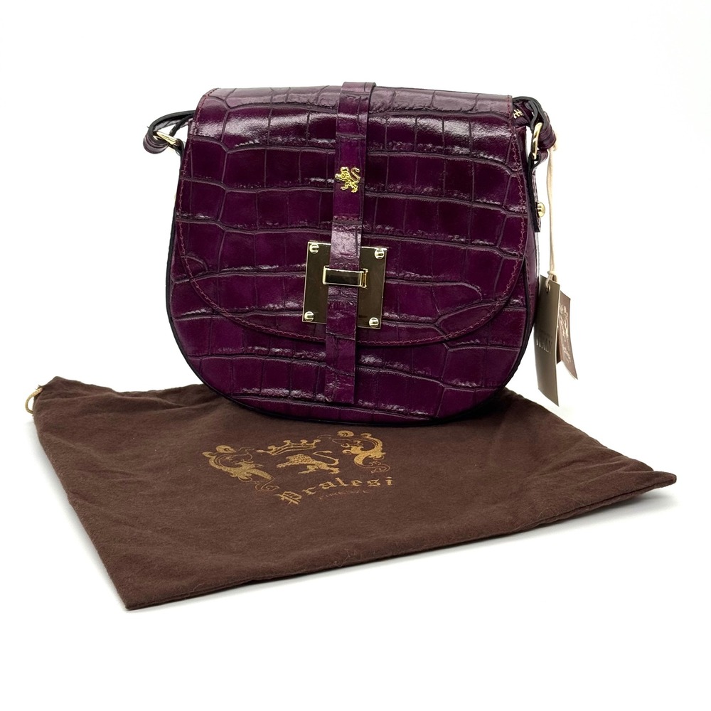 Pratesi Firenze Eggplant Croc Embossed Leather Crossbody Bag NWT Dust Bag